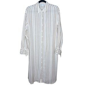 Gibson Latimer Tan White Striped‎ Linen Blend Button Front Midi Shirt Dress L